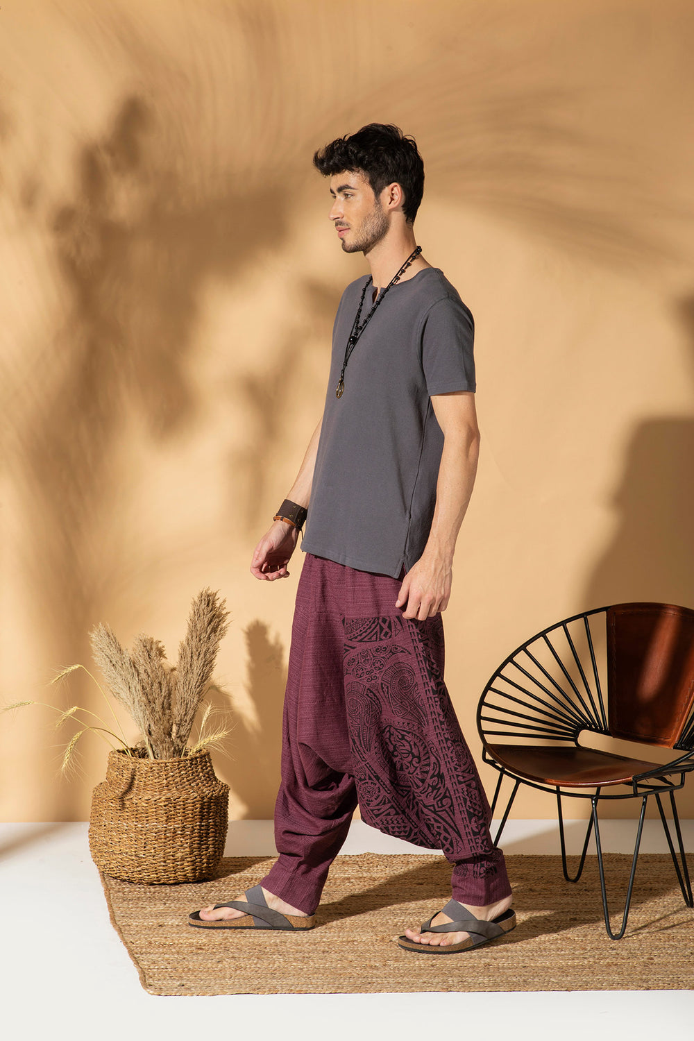 Hellbound Heathen textured cotton harem pants with tonal tribal print in purple, men's fit, photo 2