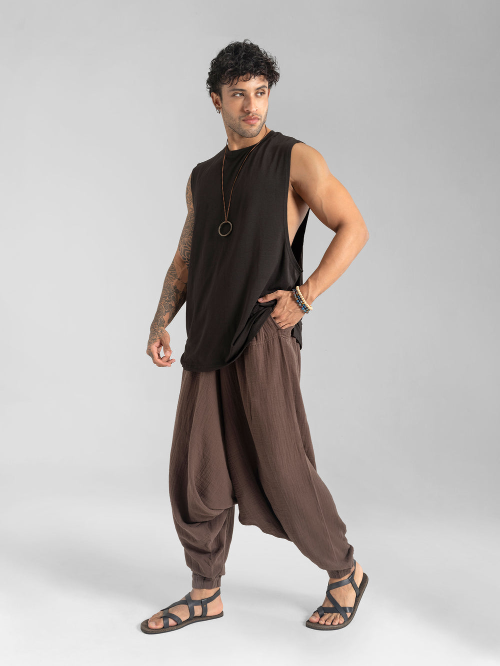 Goa Groove cotton harem jogger pants in brown, men's fit, photo 2