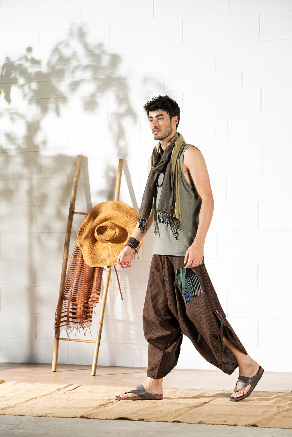 Bladebreaker striped cotton harem pants with hill-tribe woven panels in brown, men's fit, photo 2