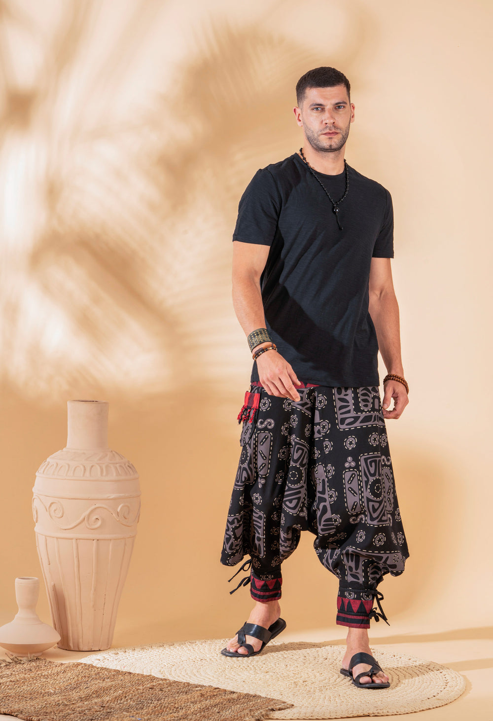 Dark Water block print cotton harem pants with ankle ties, men's fit, photo 2