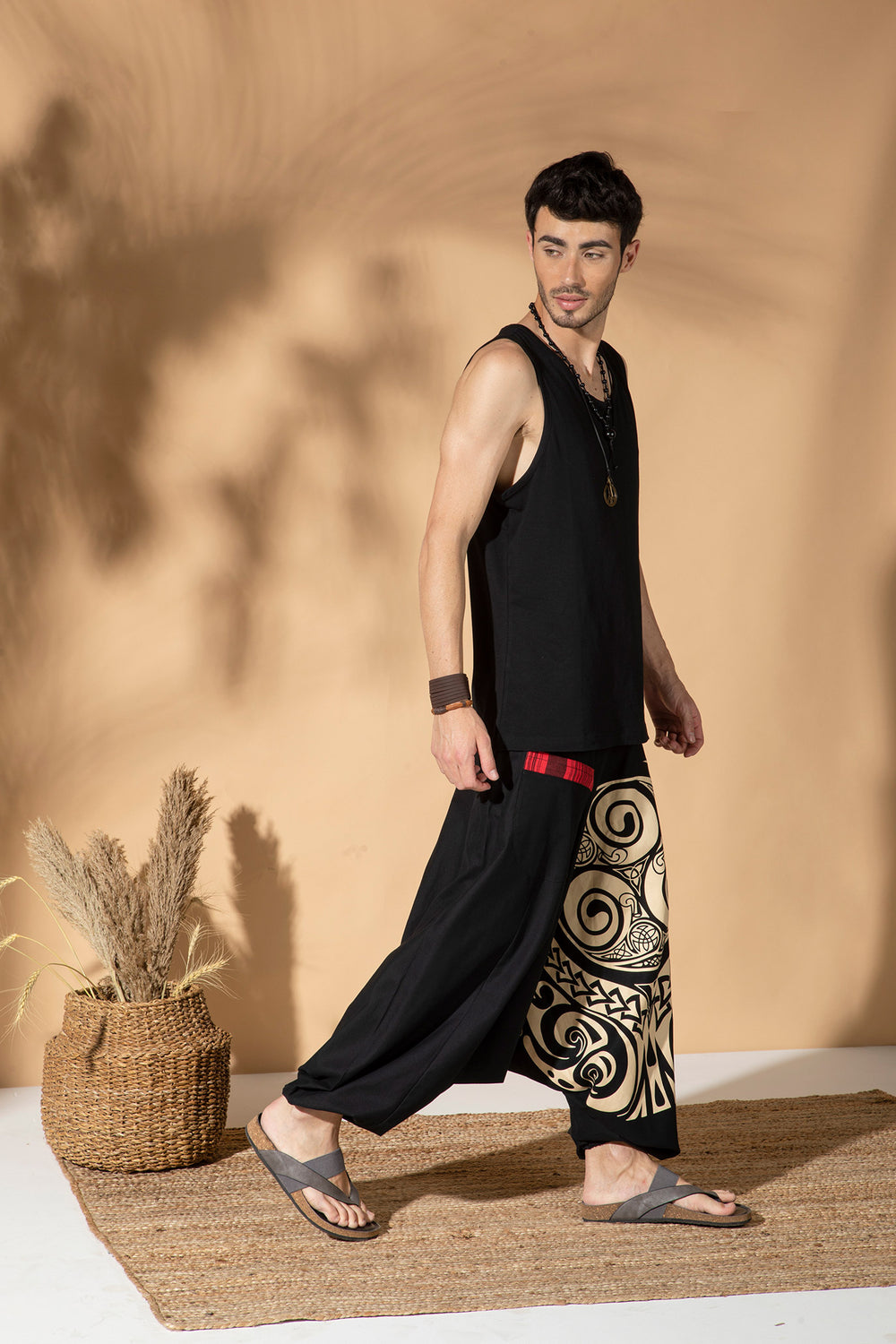 Lunar Rift cotton harem pants with crescent spiral print in black and beige, men's fit, photo 2
