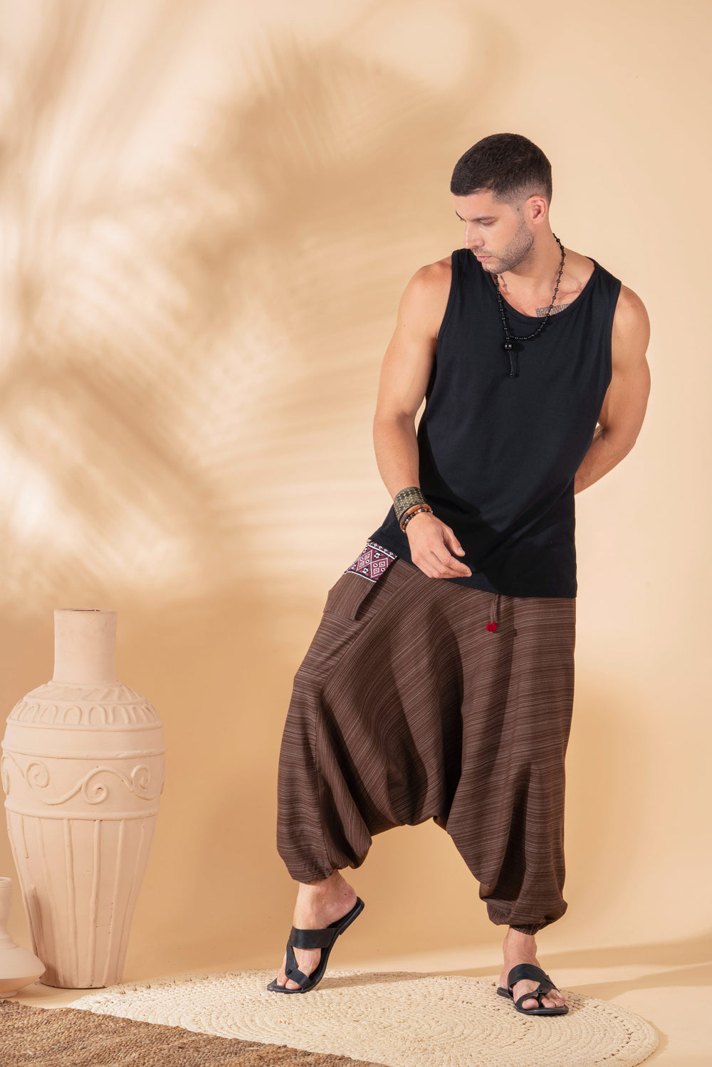 Ravening Wings striped cotton harem pants with hill-tribe woven waistband in brown, men's fit, photo 2