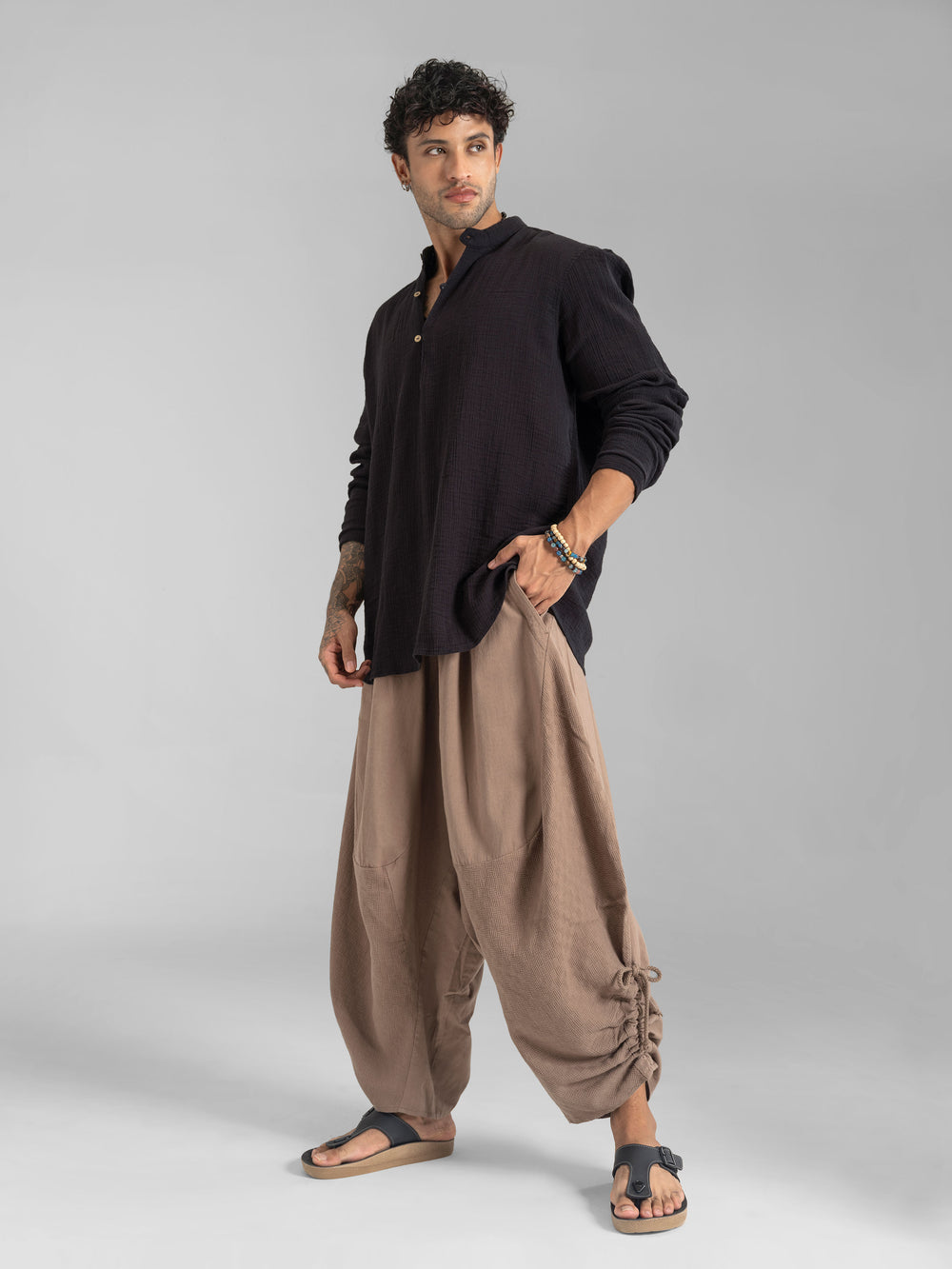 Bali Drift cotton harem pants with dobby patchwork in walnut, men's fit, photo 2