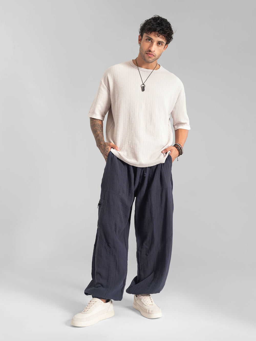 Big Stepper baggy wide leg cotton pants in navy, men's fit, photo 2
